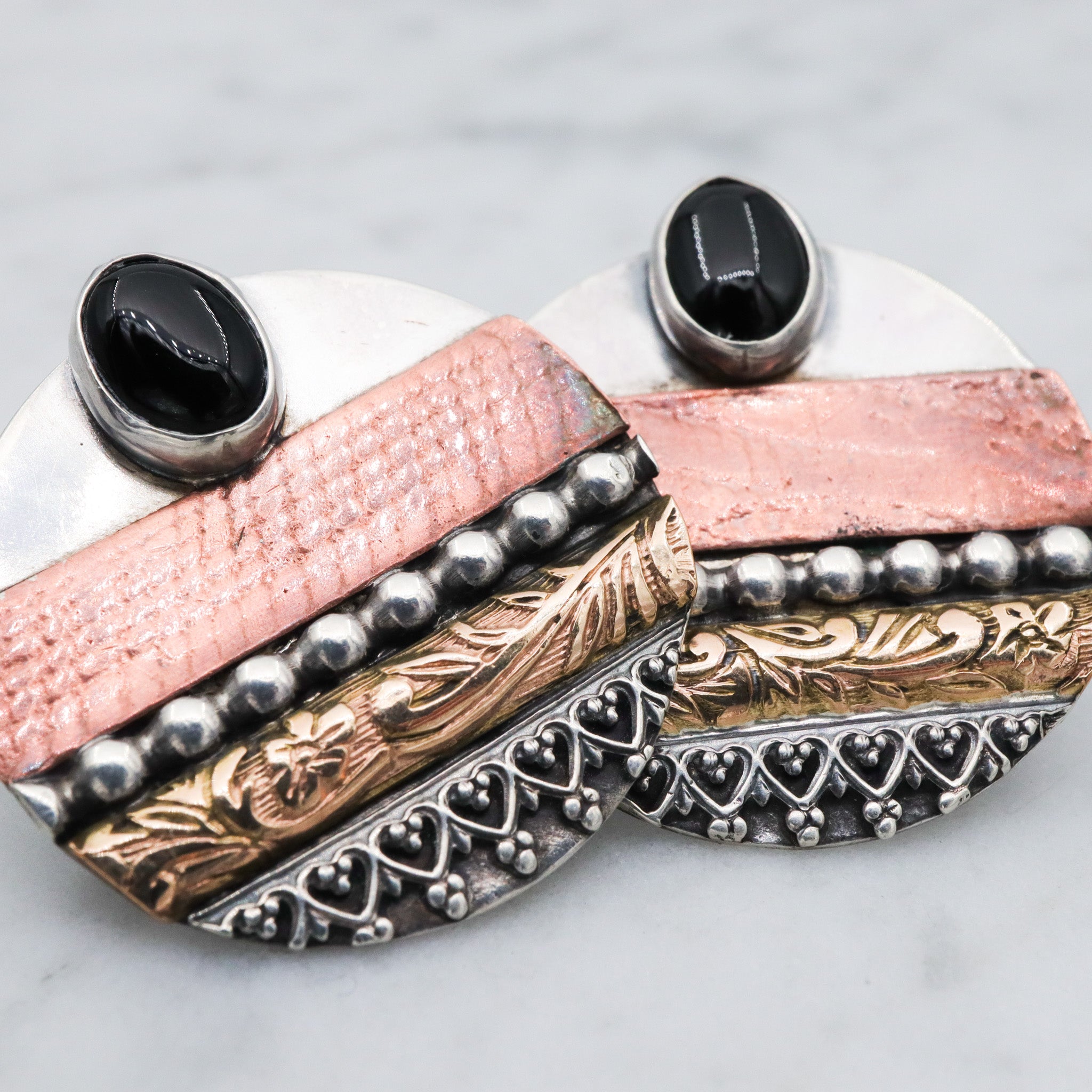 Retro sterling silver, copper & brass disc earrings with onyx, artist signed